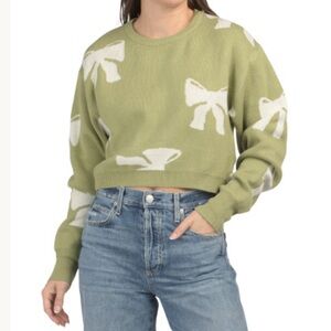 NWT Le Lis Green/White Bow Cropped Crewneck Cozy Coquette Sweater
